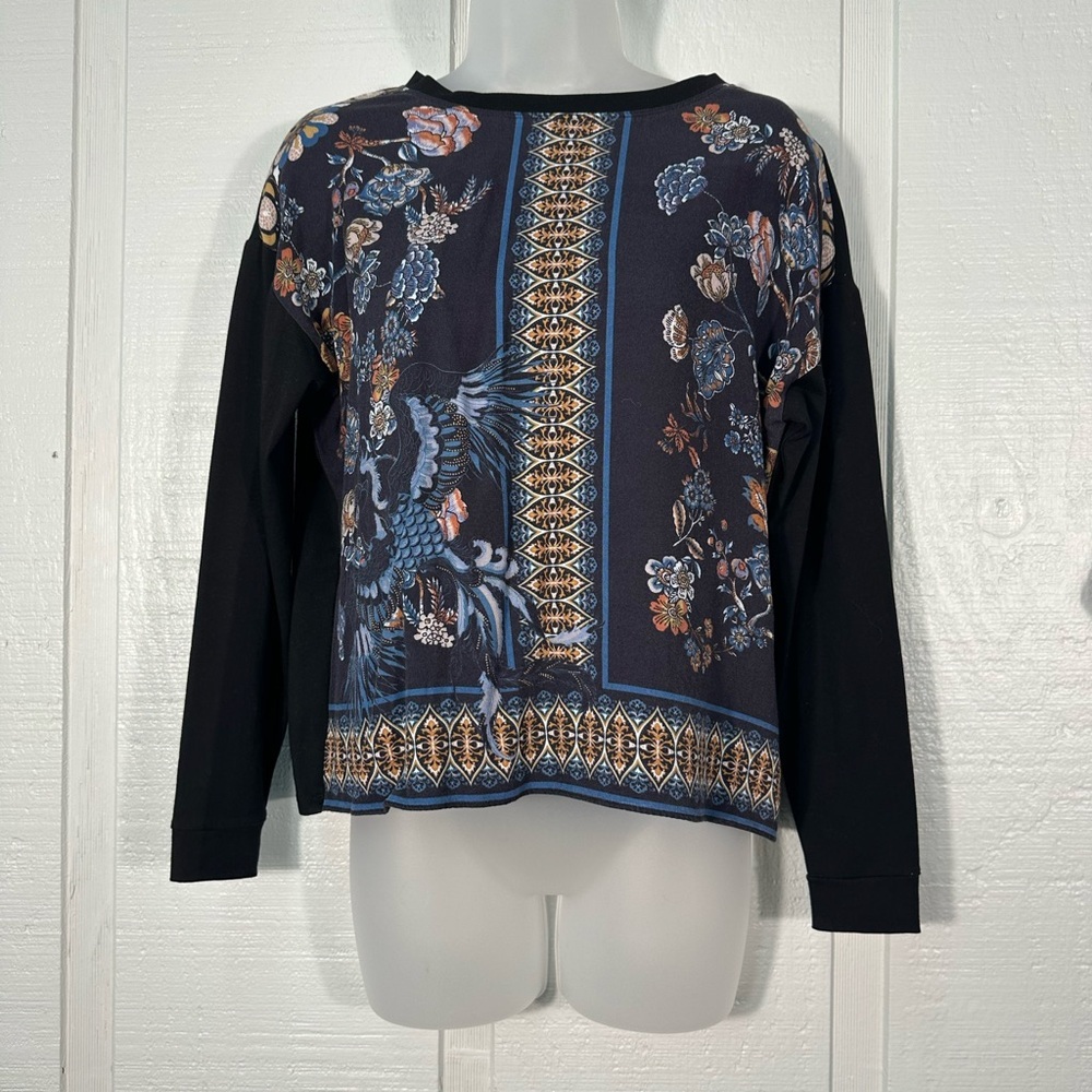 Hale Bob Black and Blue Floral Long Sleeve Blouse Size XS EUC